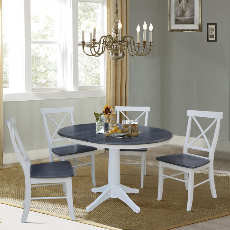 Ensemble de salle à manger extensible en bois massif Chapital, 5 pièces, Blanc / gris bruyère