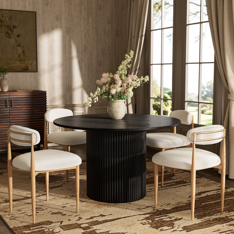 5-Piece Modern Dining Set With Round Pedestal Table And Boucle Armless Chairs (Seats 4–6), 5 Pieces: Table, 4 Chairs, Black