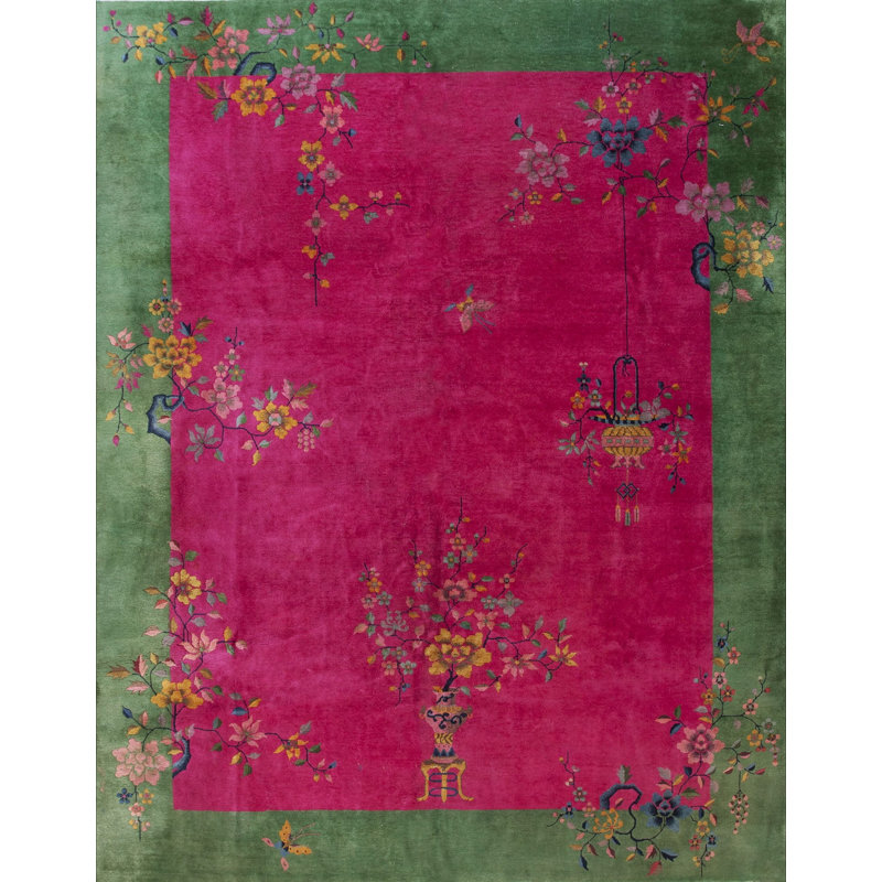 Antique Chinese - Art Deco Medium Wool Green, Purple Rug