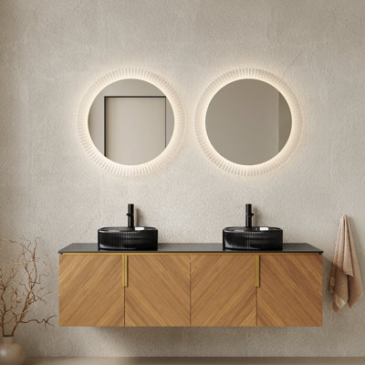 60" Bathroom Vanity&Sink, Modern Wall-Mounted Plywood Bathroom Storage Cabinet With 4 Doors, 2 Transparent Black Round Glass Basins & Black Sintered Stone Countertop, Brown Oak Woodgrain Color