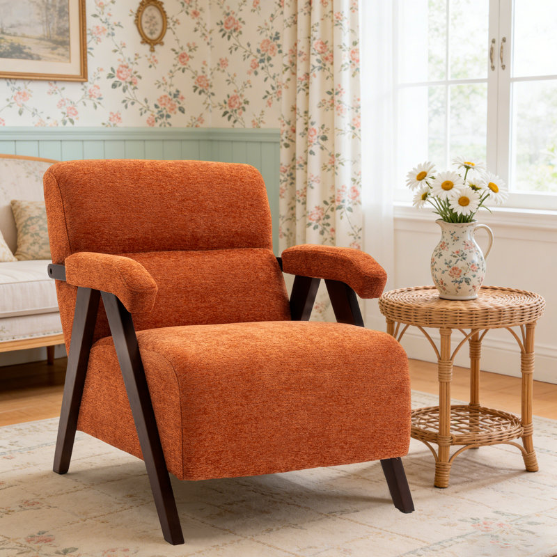 Mid Century Upholstered Arm Accent Chair with Solid Wood Legs, Orange