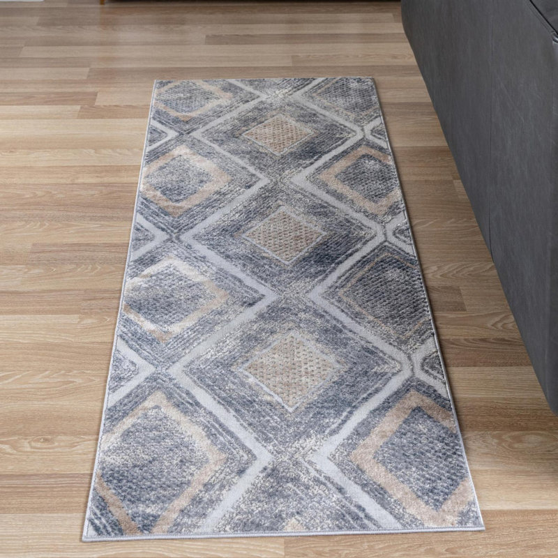 Tapis géométrique gris / bleu, Tapis de couloir 2 pi x 8 pi