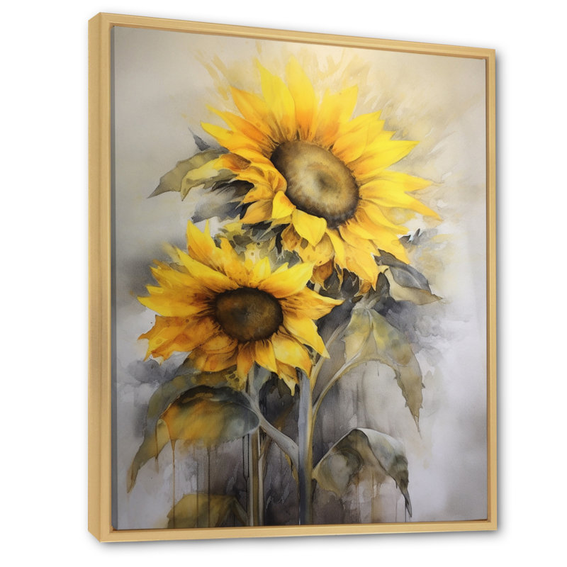 Jaune, jaune, doré, art floral sur toile, H 44 po x l 34 po x P 1,5 po, Cadre flottant en érable