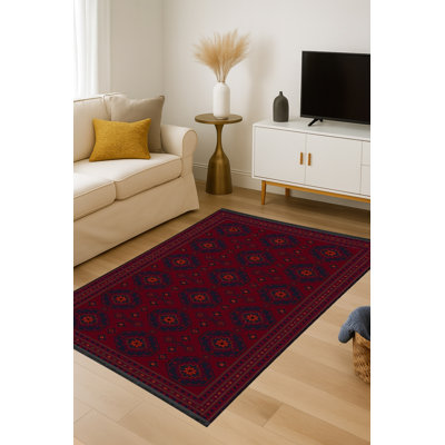 MOSSO Red Ethnic Washable Woven Backing Area Rug
