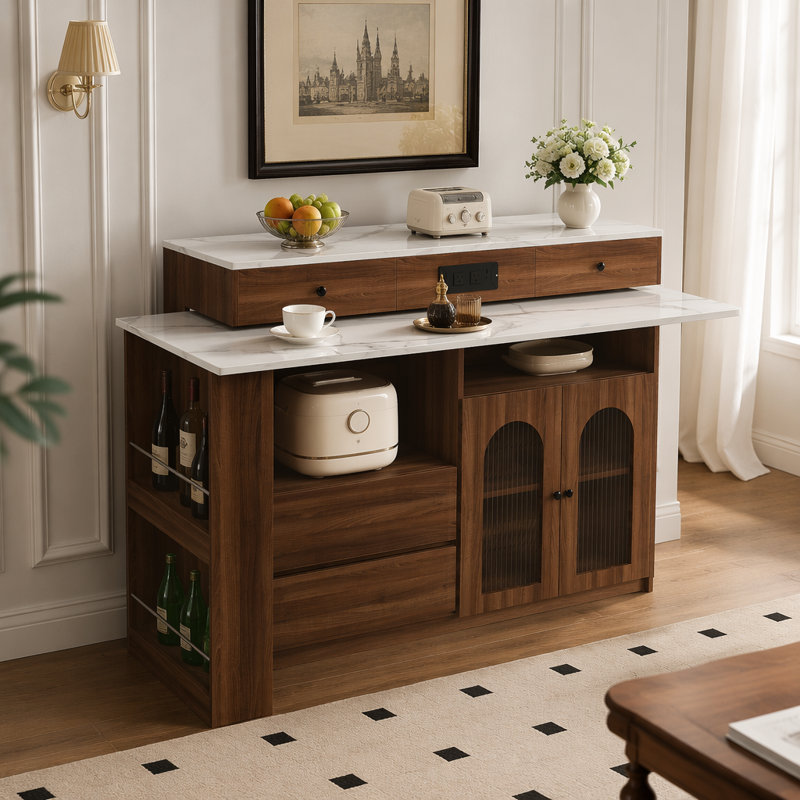 Extendable Rotating Kitchen Island with Built-in Outlet