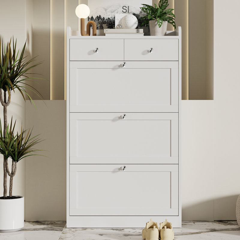 Shoe Storage Cabinet with 3 Flip Drawers, Narrow Shoe Rack with with Diamond Handles, White
