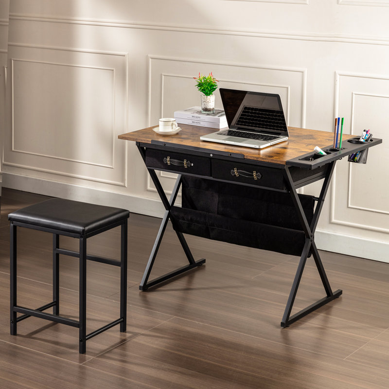 Yumisani Drawing Table with Stool Table Top Adjustable Angle with 2 Drawers Drawing Square Table, Rustic Brown