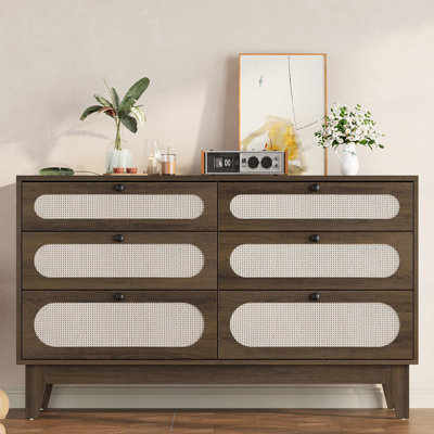 Modern Rattan 6-Drawer Double Dresser – Power Outlet, Metal or Wooden Handles, Anti-Tip Kit – Wood Storage Cabinet for Bedroom, Living Room, Hallway – Dark Wood Finish – Dark Wood