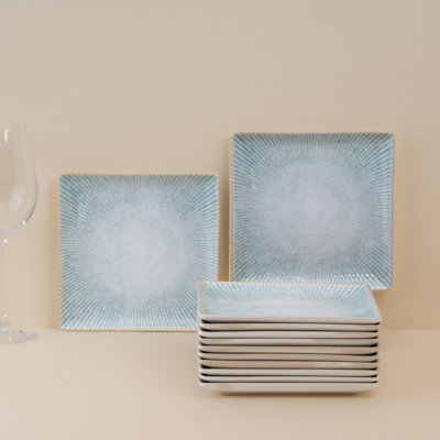 Paros-Aqua Premium Porcelain Juliet Square Platter With Foot, 10.6x10.6"