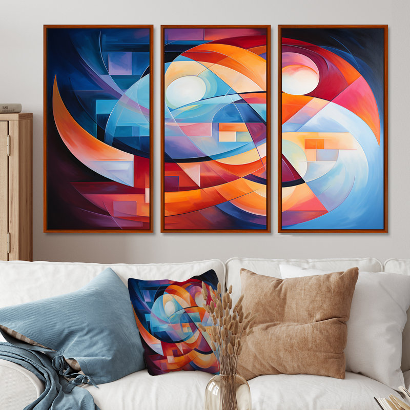 Ensemble de salon art mural géométrique rouge pleine lune, H 40 po x l 60 po x P 1 po, Cadre flottant brun