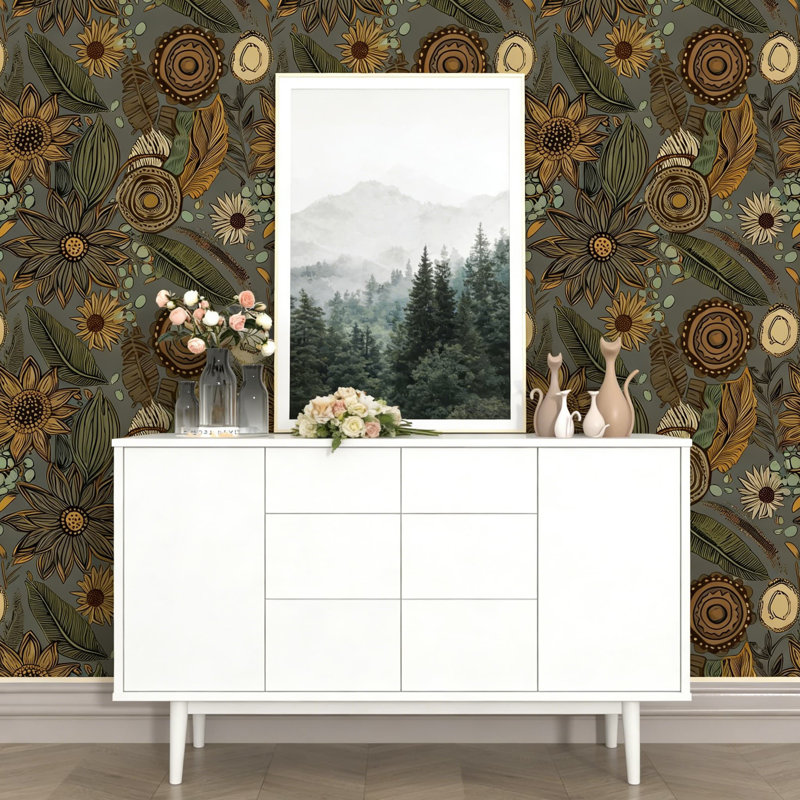 Papier peint adhésif bohème Boho, L 117,96 po x l 17,5 po, Gris/Jaune