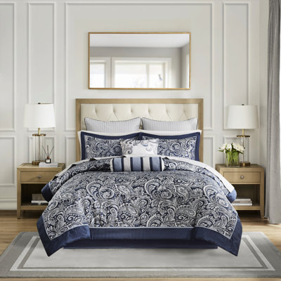 Navy King Comforter 12 Pieces, Relaxing 100% Cotton Sheets, Stylish Paisley Design, 2 Matching Shams, Decorative Pillows, Bed Skirt Piece Bedding , Cozy Modern Comforter,