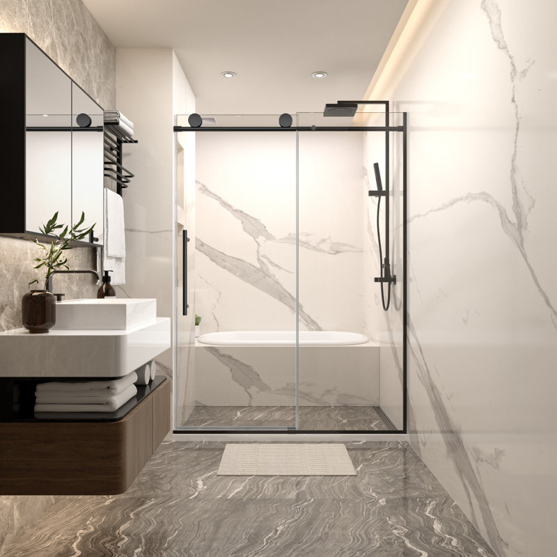 Mortix 60 po X P 74 po H Porte de douche coulissante simple sans cadre en noir mat avec transparent 5/16 po Verre