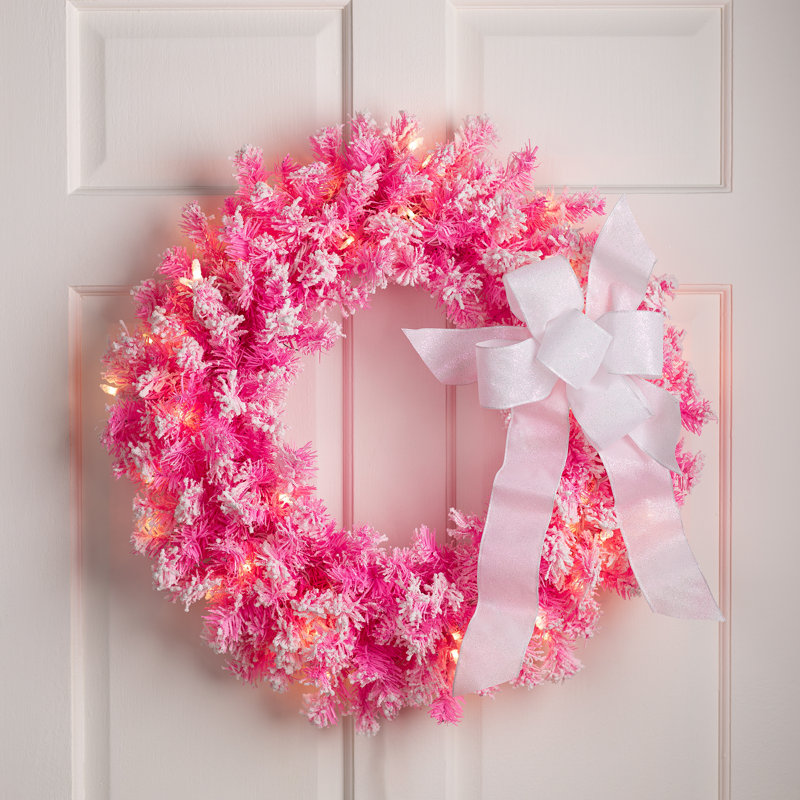 Pre-Lit Flocked Pine Artificial Christmas Wreath - 24" - Clear Lights, Pink