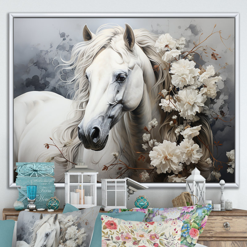 Majestic Flower Beauty Horse III - cheval, art mural encadré, 30" H x 40" W, Cadre flottant blanc