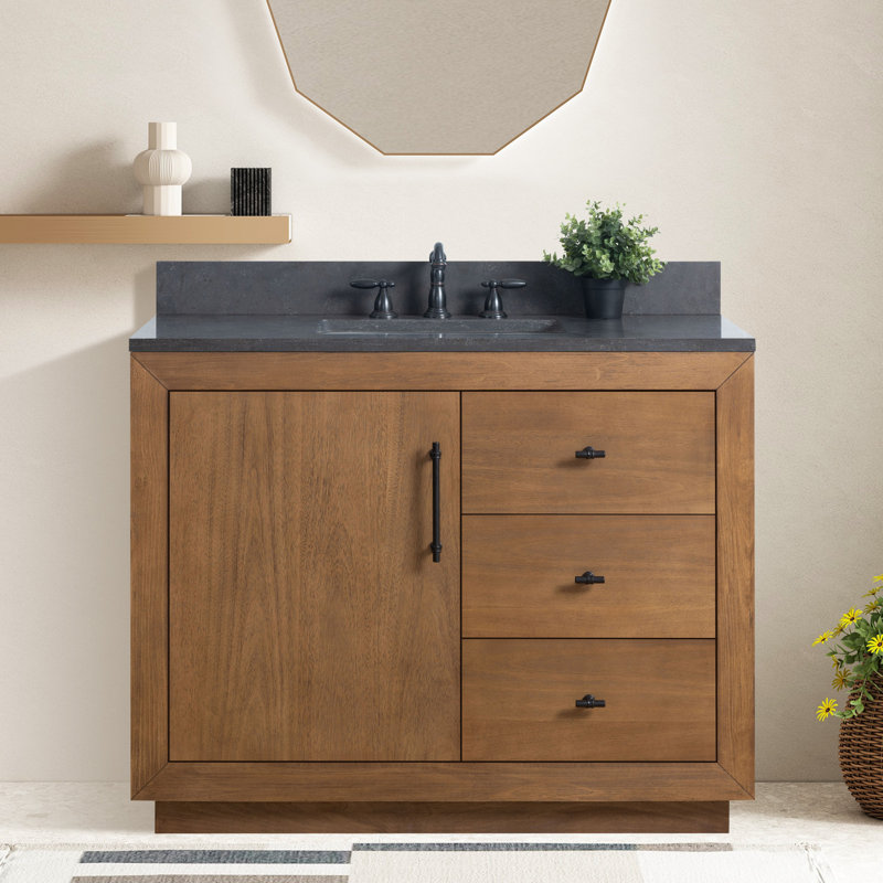 Ensemble de meuble-lavabo simple 42 po, Pierre calcaire noire, Brun clair