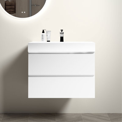 Meuble-lavabo blanc de 30 po avec lavabo, grand meuble-lavabo flottant mural pour salle de bain moderne, lavabo blanc une pièce sans drain ni robinet, pré-assemblé
