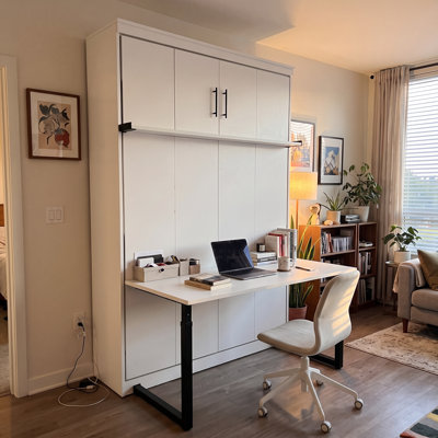 Queen Murphy Bed with Built-In Desk and Display Shelf in White | Space-Saving Wall Bed for Home Office, Guest Room, or Bedroom