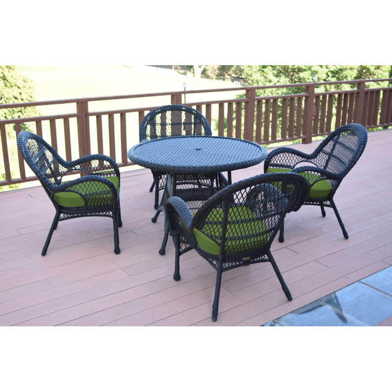 Mangum 4 - Person Wicker Patio Dining Set with Round Table, Black, Hunter Green