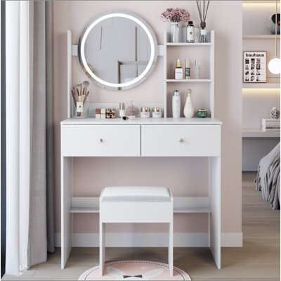 17" Round LED Mirror Vanity Table + Soft Cushion Stool Suit, Large Mirror, Touch Switch, 3 Colors, Adjustable Brightness, Large Desktop, Multi-Layer High Capacity Storage, Suitable For Small Space