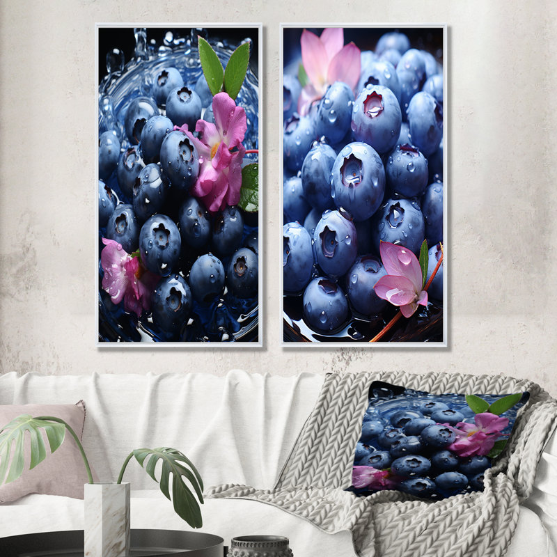 Ensemble de 2 impressions sur toile mauves et bleues «Blueberry Bliss II», Cadre flottant blanc, H 40 po x l 41 po