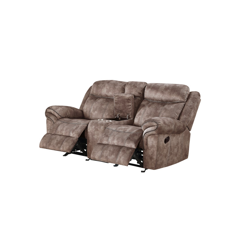 Causeuse inclinable en velours chocolat Zubaida avec port USB, console de rangement et porte-gobelets - Causeuse inclinable et capitonnée pour le salon
