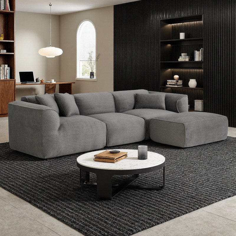 Ensemble de canapé de luxe en velours beige à 4 places avec repose-pieds et coussins, Gris