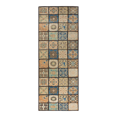 Tapis de couloir unique en laine noué à la main 6 pi 3 po x 17 pi 10 po New Age - brun / bleu / ivoire
