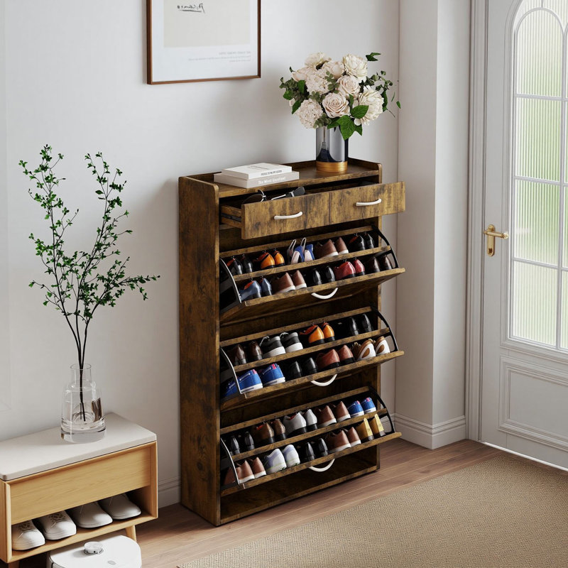 Armoire à chaussures 31,49 pouces en bois massif avec 3 tiroirs rabattables pour le hall d'entrée et le rangement de rangement noir et brun pour le couloir du salon