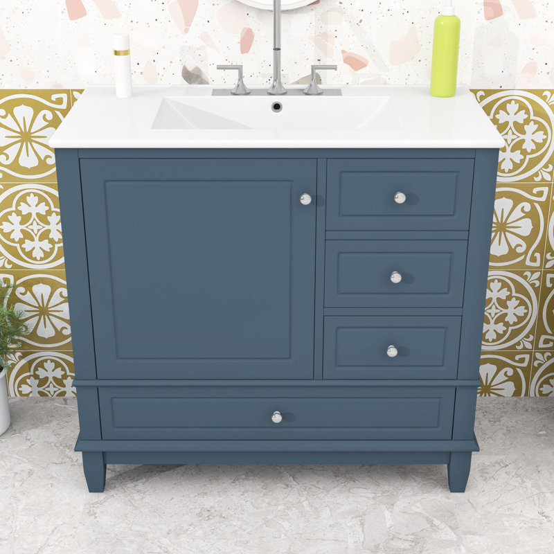 Meuble-lavabo 3 tiroirs avec lavabo en céramique et trous de robinet pré-percés, Bleu gris