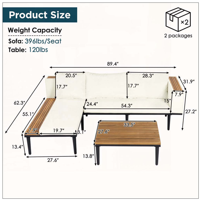 Ensemble de canapé de patio en L en bois d'acacia avec table d'appoint et coussins de 3,15 po, Beige
