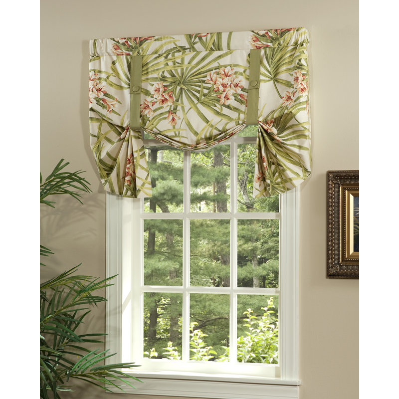 Cantonnière à nouer en coton tropical Cozumel à motif floral, H 28 po x l 52 po, Crème / vert / épice