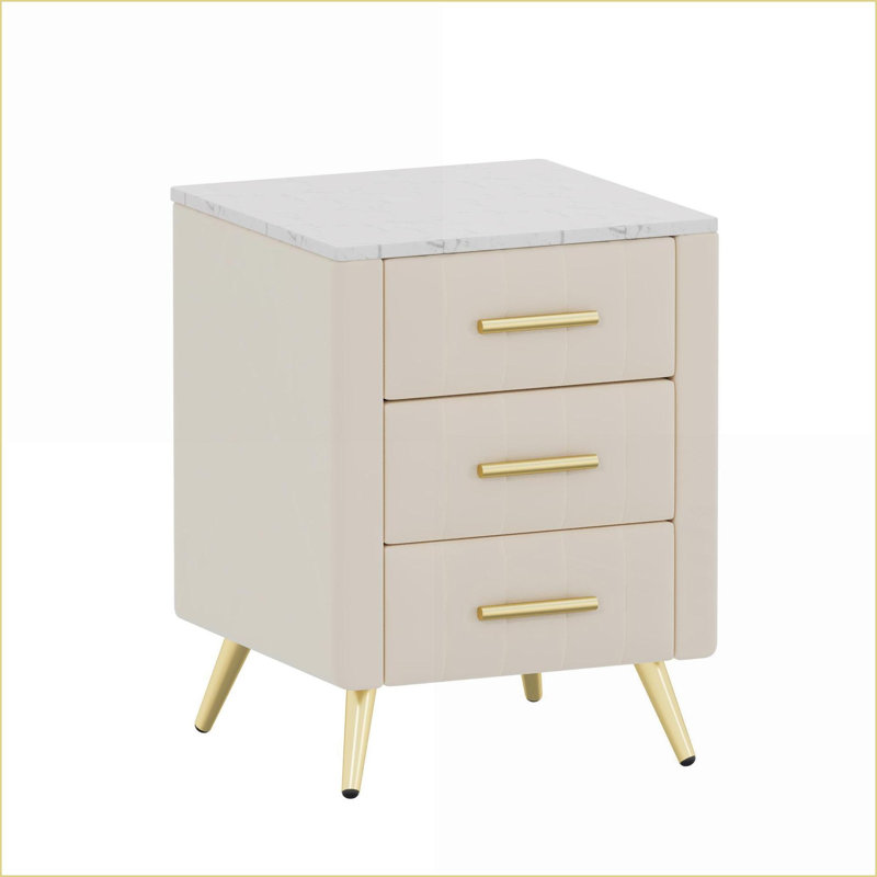 Beige Upholstered 3-Drawer Nightstand with Marbling Top and Metal Accents