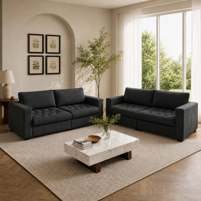 2-Piece Living Room Set Modern Square Arm Upholstered Sofa with Hidden Storage Space