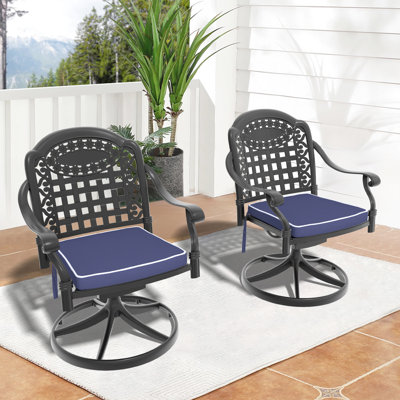 Chaises d'extérieur en fonte d'aluminium avec base rotative, 2 pièces, cadre noir, coussins de couleur aléatoire 2 pièces, pour patio