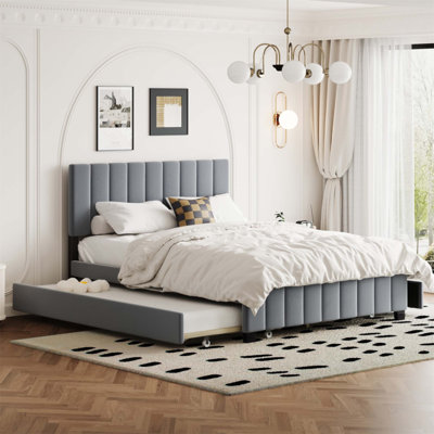 Lit plateforme tapissier en velours avec 2 tiroirs et lit gigogne, conception élégante pour les chambres modernes et le rangement supplémentaire