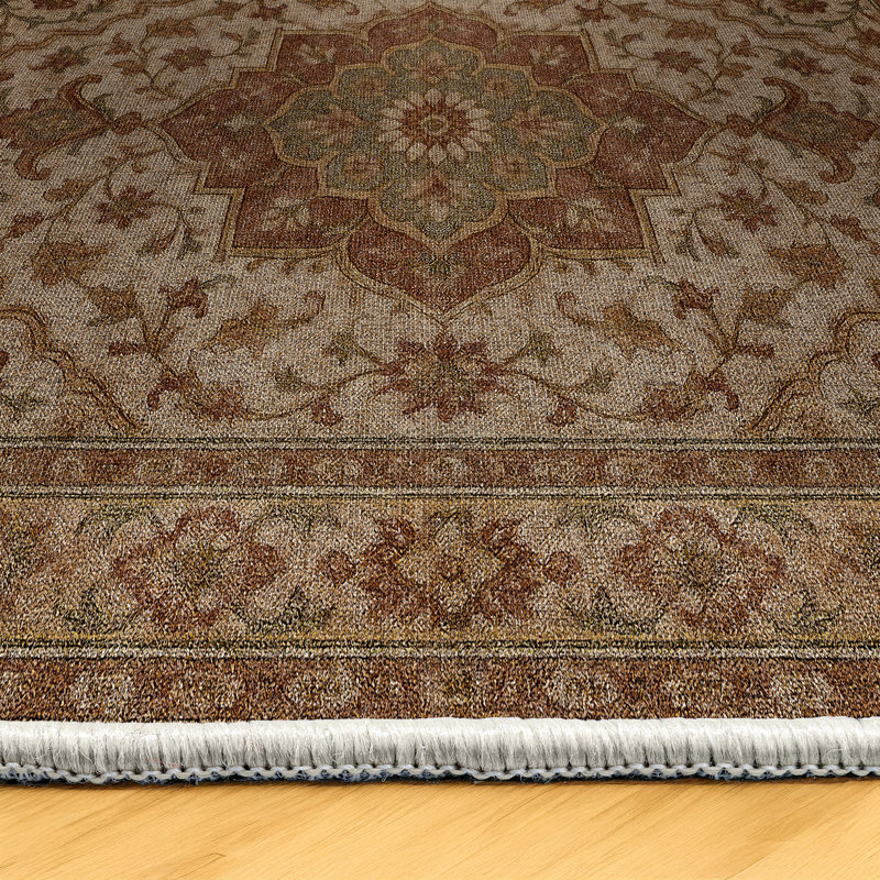Malika Collection Digital Print Cotton-Polyester Brown Oriental Rug, Round 3'4"