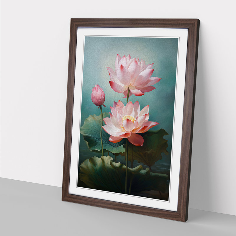 XYZ-FRM-V1223-4324 Lotus Flower Classicism - Single Picture Frame Print on Wood, 34cm H x 25cm W x 2cm D, Walnut