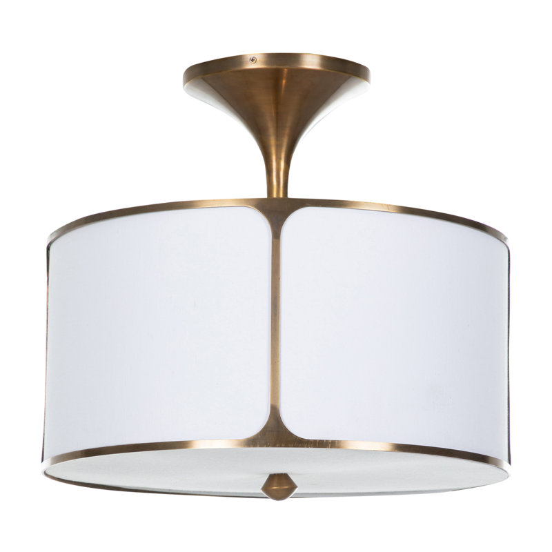Aged Bronze and Salt Linen Drum Semi-Flush Mount Light