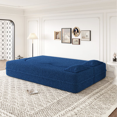 Canapé-lit moderne avec 2 coussins, canapé-lit convertible en tissu rembourré de mousse, matelas pliant double de 15 po pour le salon, lit d'invité, salle de jeux, aucun assemblage requis, bleu