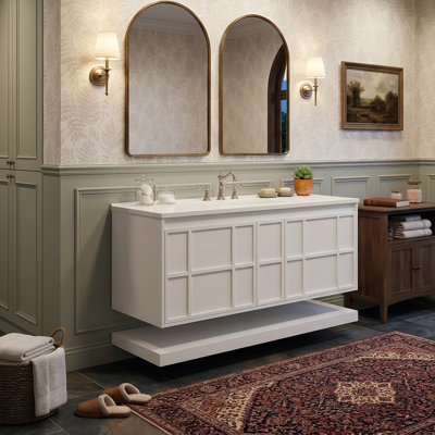 Meuble-lavabo mural de 122 cm avec lavabo en SMC et tablette ouverte, armoire de rangement sans poignées en MDF peint (blanc)