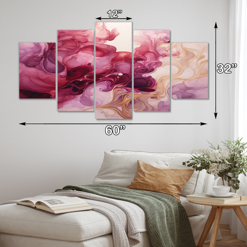 «Magenta Clouds Touch Of Gold», encre liquide, décoration murale abstraite, 5 pièces, H 32 po x l 60 po