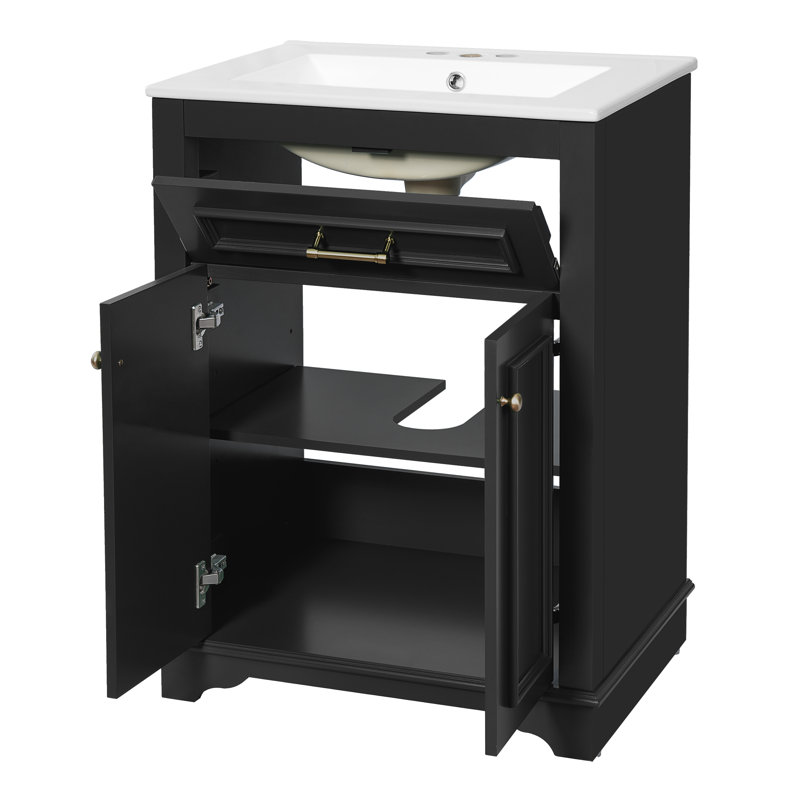 Meuble-lavabo moderne 24 "avec lavabo en céramique et structure en bois massif Kaito, Noir
