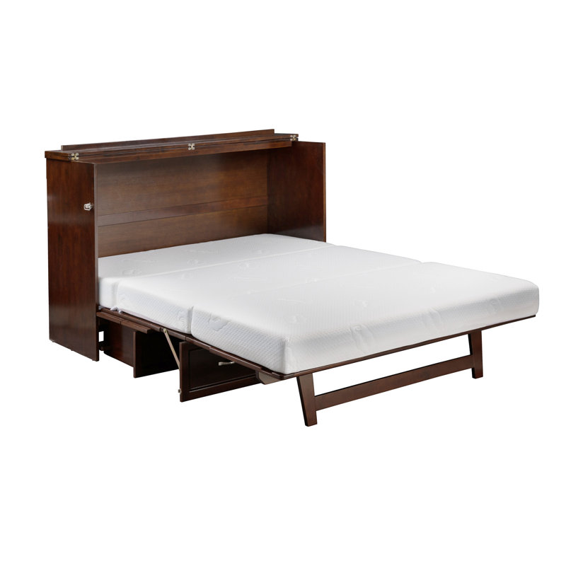 Commode escamotable Andriena avec matelas de 15 cm, rangement et chargeur intégré, Grand lit, Noyer