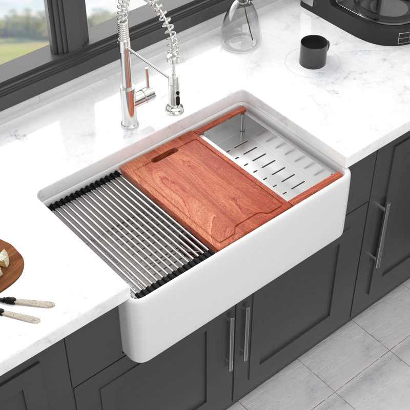 33X20 Inch White Farmhouse Sink Workstation - Ceramic Single Bowl Farm Kitchen Sink