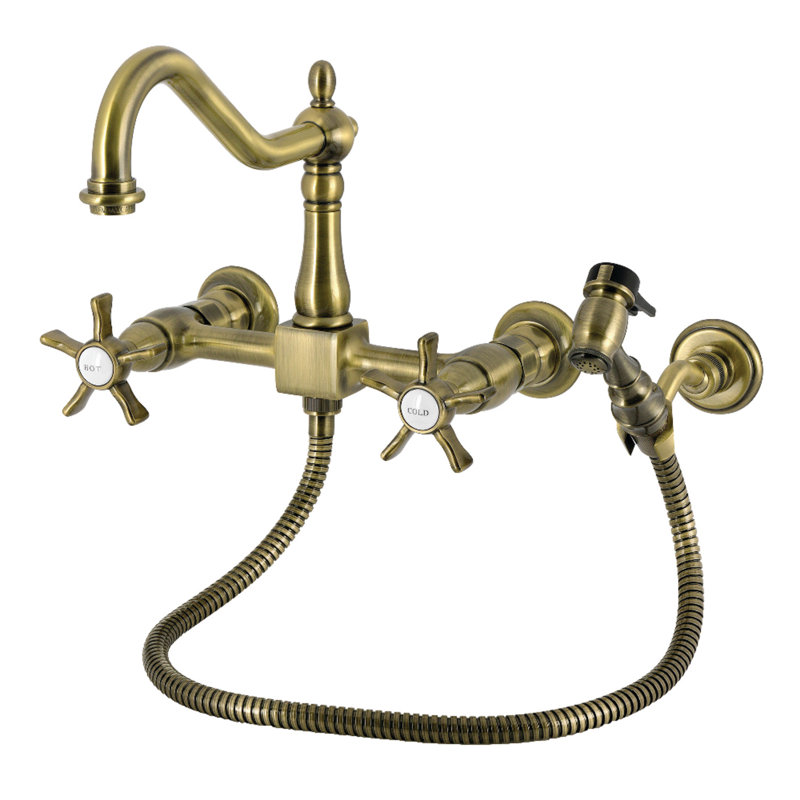 Kingston Brass Hamilton Double-Handle 3-Hole Wall-Mount Bridge Kitchen Faucet With Brass Sprayer, Antique Brass