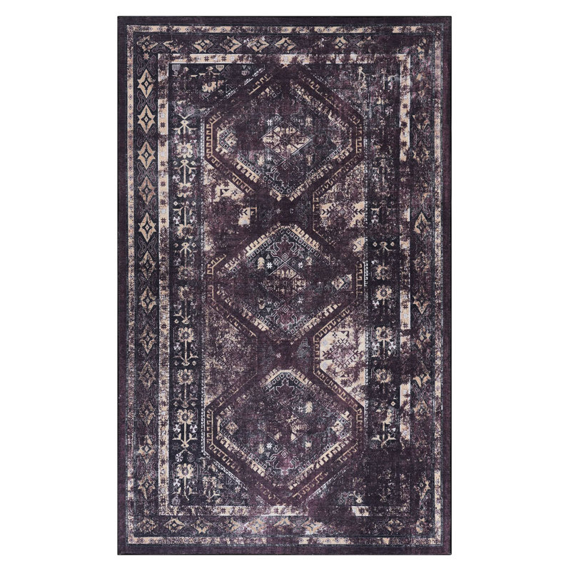 9x12 Area Rug, Machine Washable, Non-slip Backing, Foldable For Bedroom, Living Room - Black+burgundy Low-pile Non-slip, - Dining Room, Hallway, Kitchen