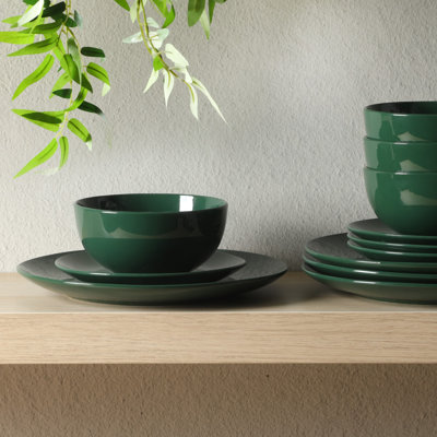 Gibson Home Dining Essential (Service for 4) 12 Piece Plates and Bowls Porcelain Solid Color Dishes  Ceramic Dinnerware Set - Hunter Green