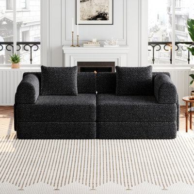 72" Chenille Convertible Foldable Sofa Bed, 2-Seat Floor Carpet Sofa with 2 Side Storage Pockets & 6 Cushions, Foam Filled, Convertible Compression Sleeper Couch for Living Room, Bedroom, Home Office, Space-Saving 