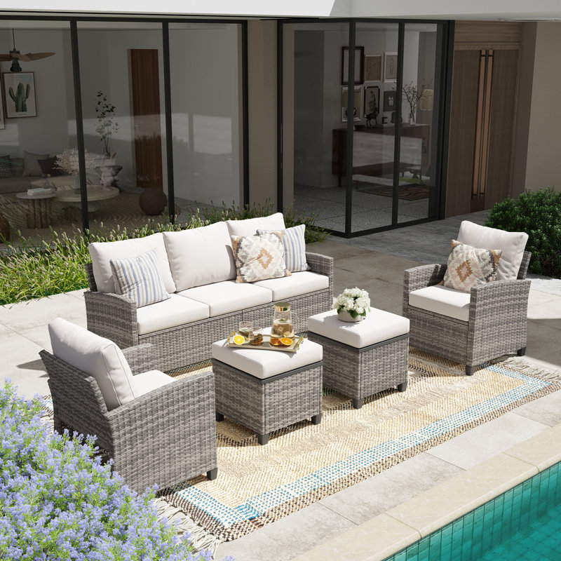 5 Piece Patio Conversation Set with Coffee Table and Cushions, Beige